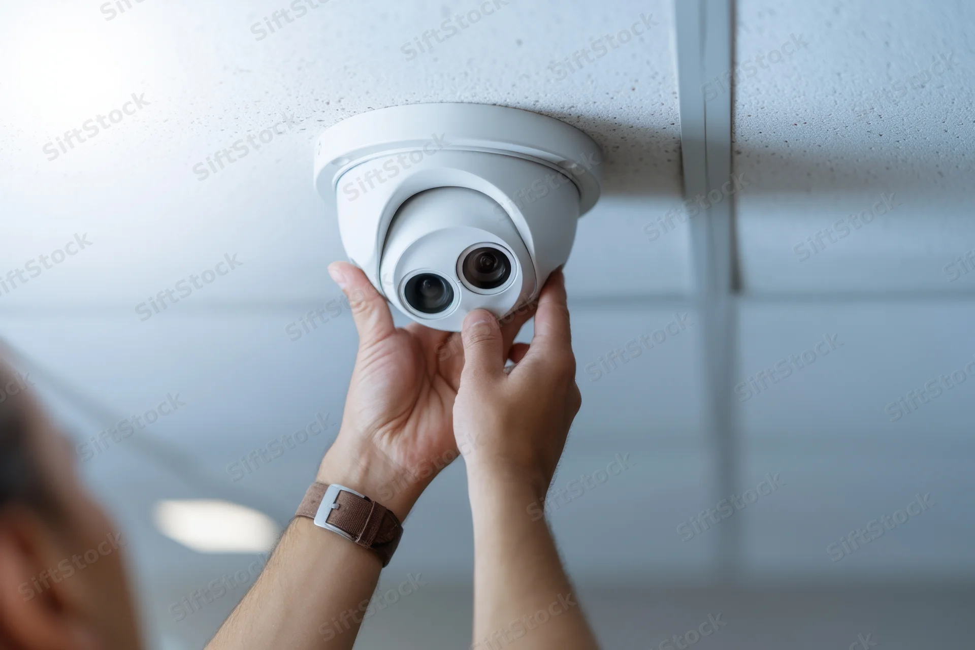 Technician installing white dome security camera on ceiling in office interior