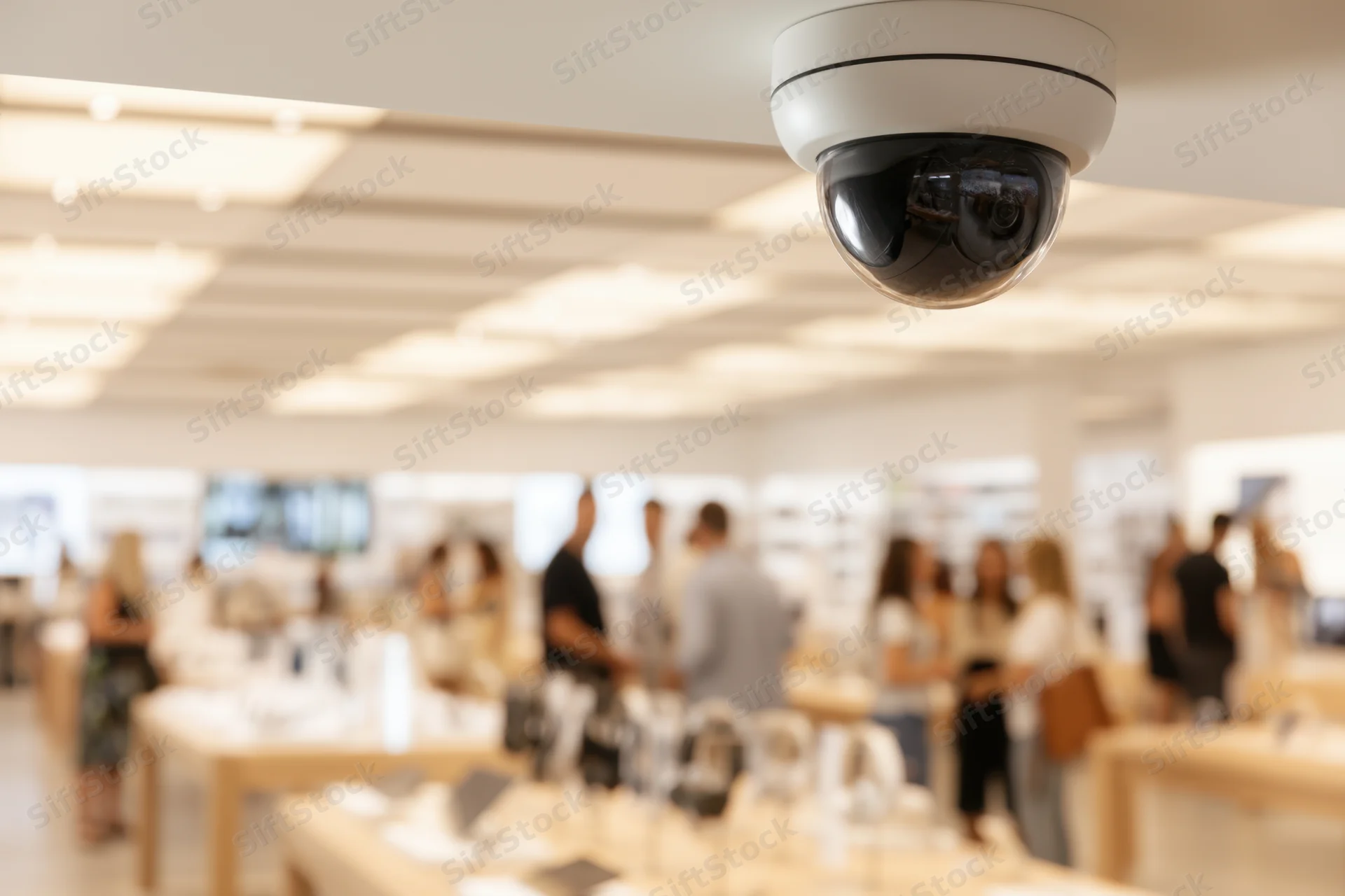 Security camera mounted on ceiling overlooking customers in electronics store interior