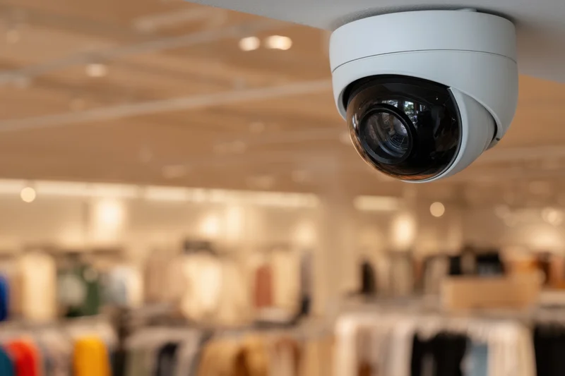 Security camera mounted on ceiling in retail store interior