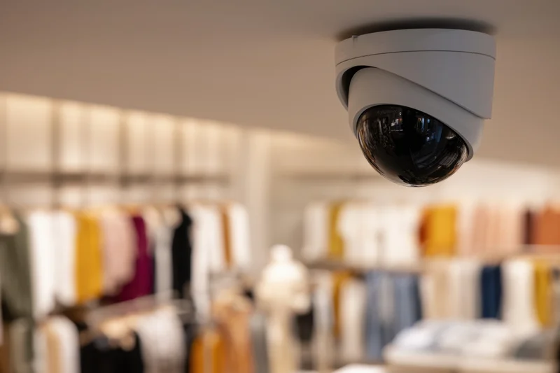 Security camera mounted on ceiling in a clothing store interior