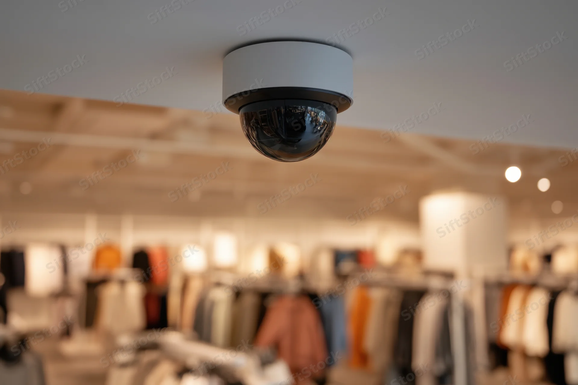 Security camera mounted on ceiling in a clothing store interior
