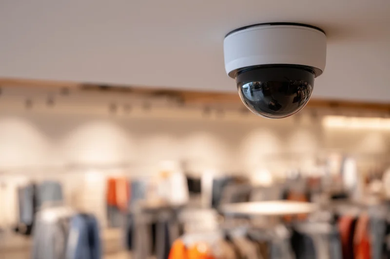 Dome security camera mounted on ceiling in retail clothing store interior