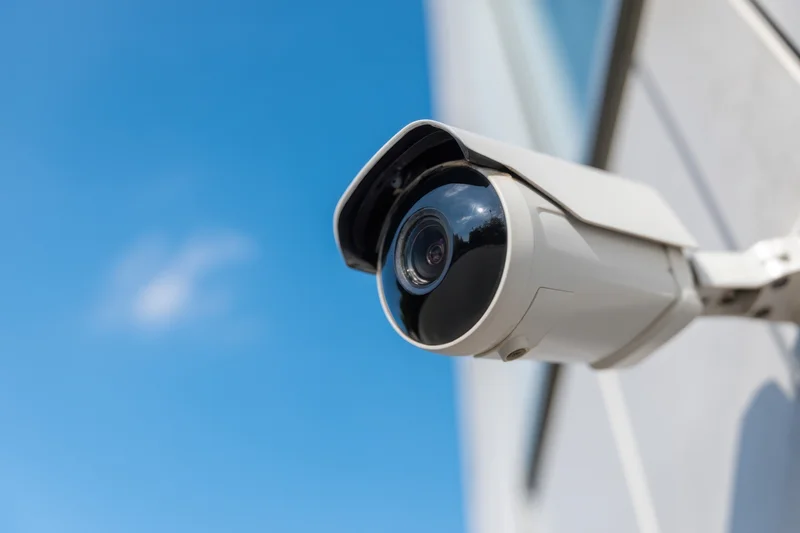 Security camera mounted on a building exterior under a clear blue sky
