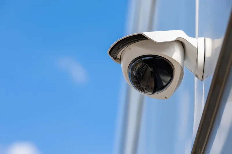 Security camera mounted on a building exterior under clear blue sky