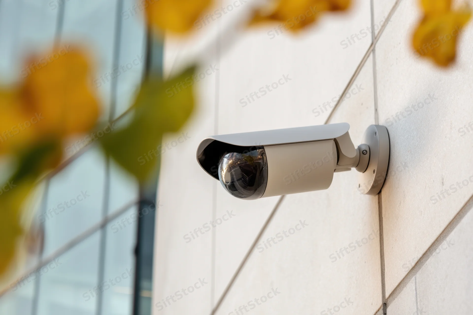 Security camera mounted on a concrete wall beside a glass building with autumn leaves in the foreground