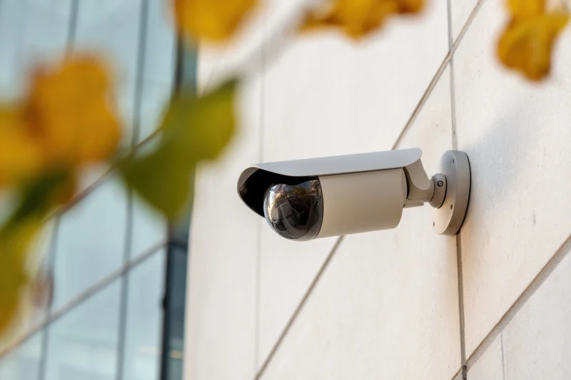 Security camera mounted on a concrete wall beside a glass building with autumn leaves in the foreground