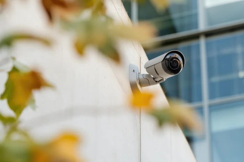 Security camera mounted on a smooth light-colored concrete wall near glass building exterior with blurred autumn leaves in foreground