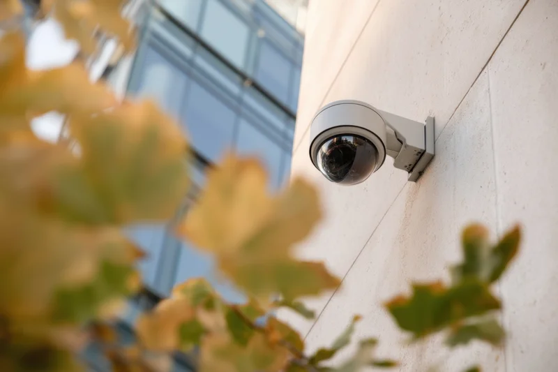 Security camera mounted on a concrete wall with autumn leaves in the foreground
