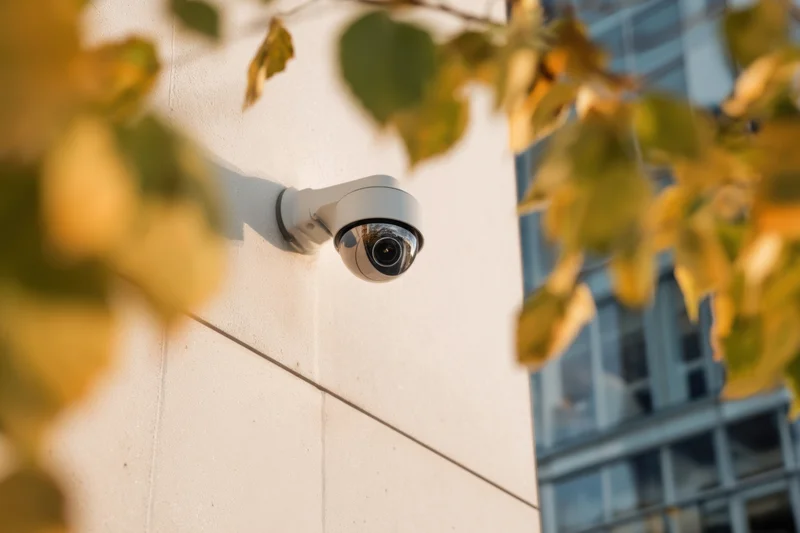 Security camera mounted on a white concrete wall with autumn leaves in the foreground