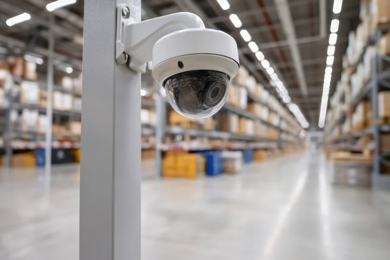 Security camera mounted on a vertical pole in a large warehouse aisle with shelving and storage units in the background