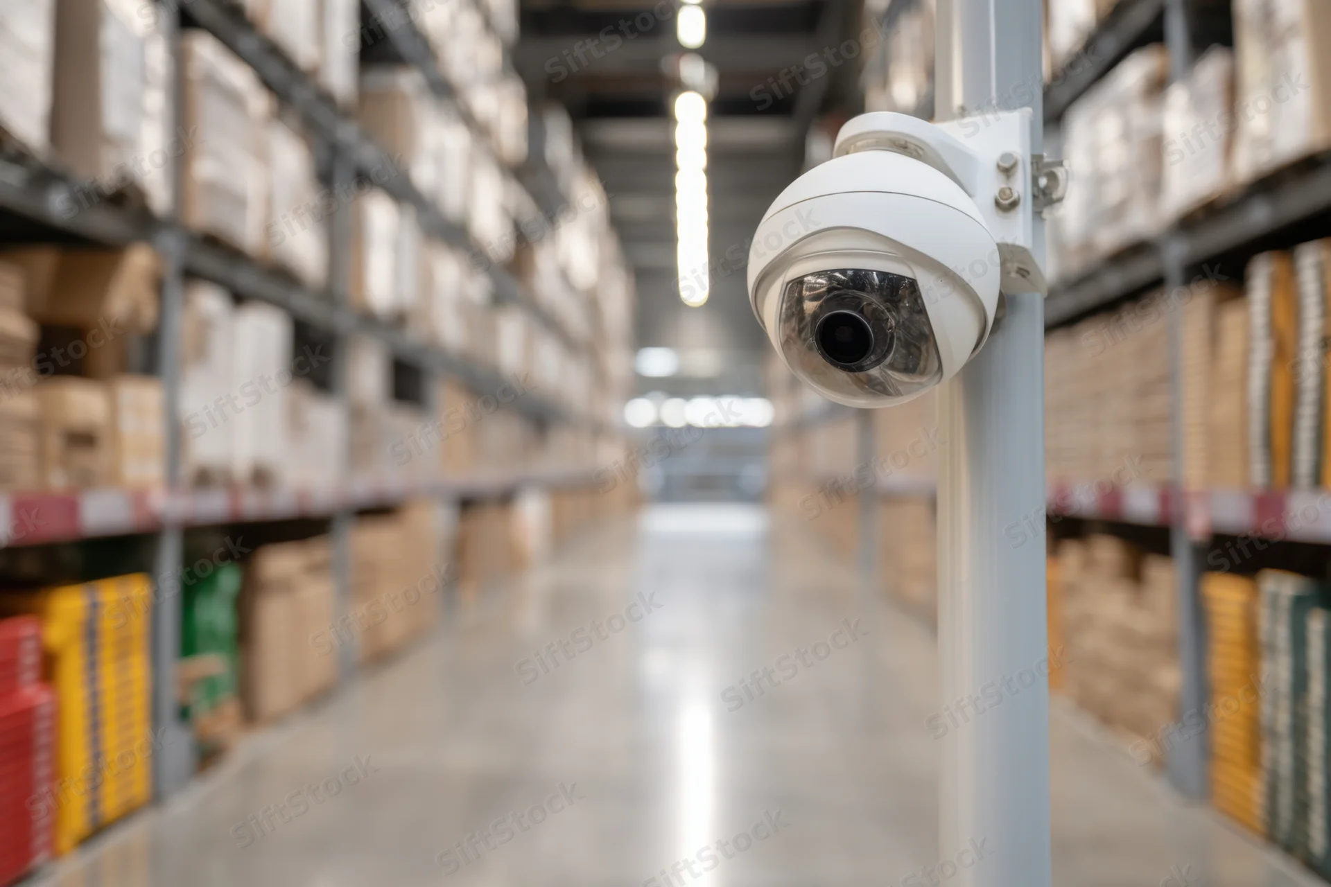 Security camera mounted on a vertical pole in a warehouse aisle between tall shelving units filled with boxes