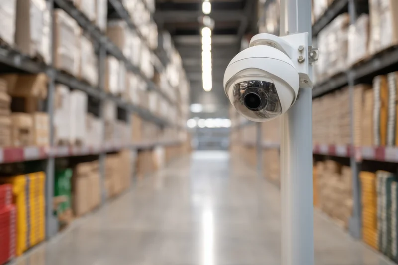 Security camera mounted on a vertical pole in a warehouse aisle between tall shelving units filled with boxes