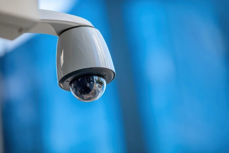 White dome security camera mounted on a wall with blue blurred background