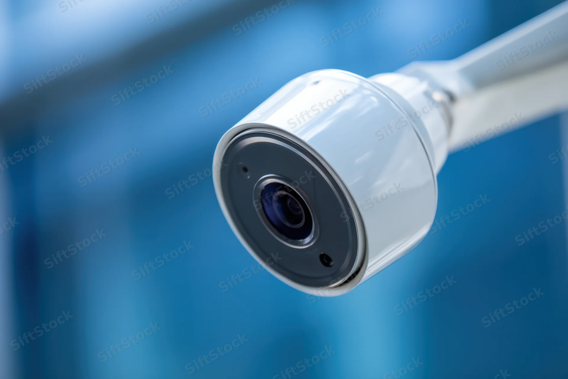 White dome security camera mounted on a wall with blue blurred background