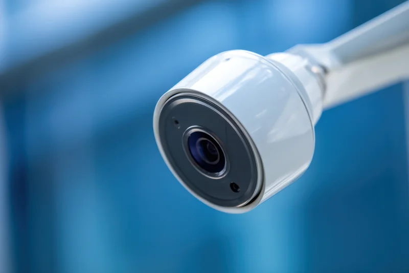 White dome security camera mounted on a wall with blue blurred background