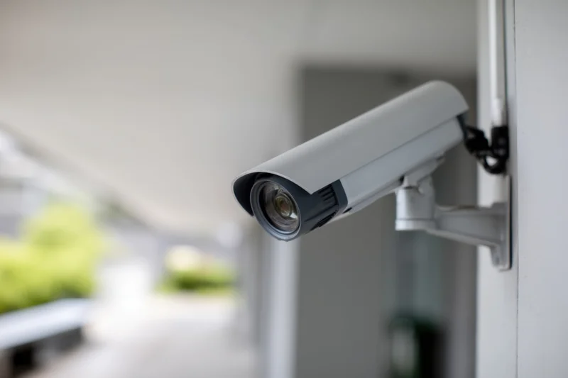 Security camera mounted on exterior wall of building