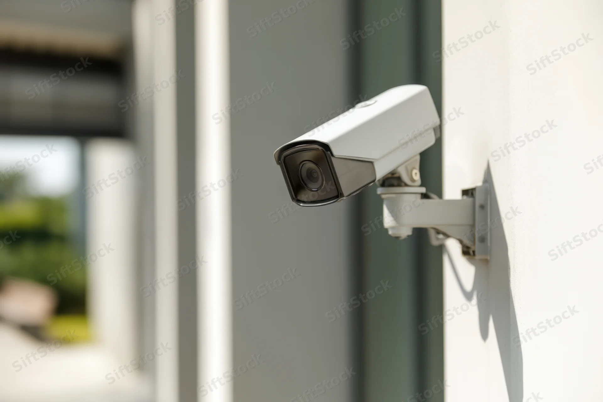 Security camera mounted on a white exterior wall in daylight, angled to monitor the surrounding area
