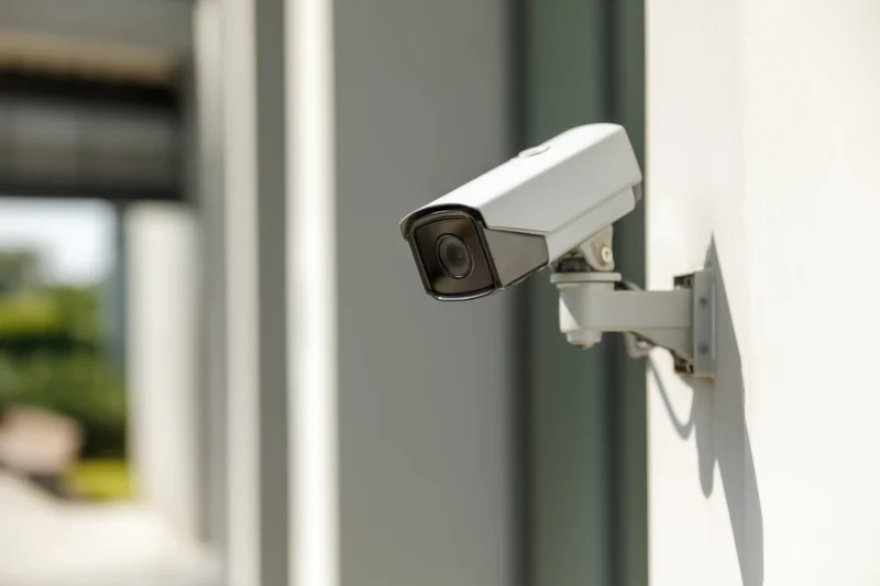 Security camera mounted on a white exterior wall in daylight, angled to monitor the surrounding area