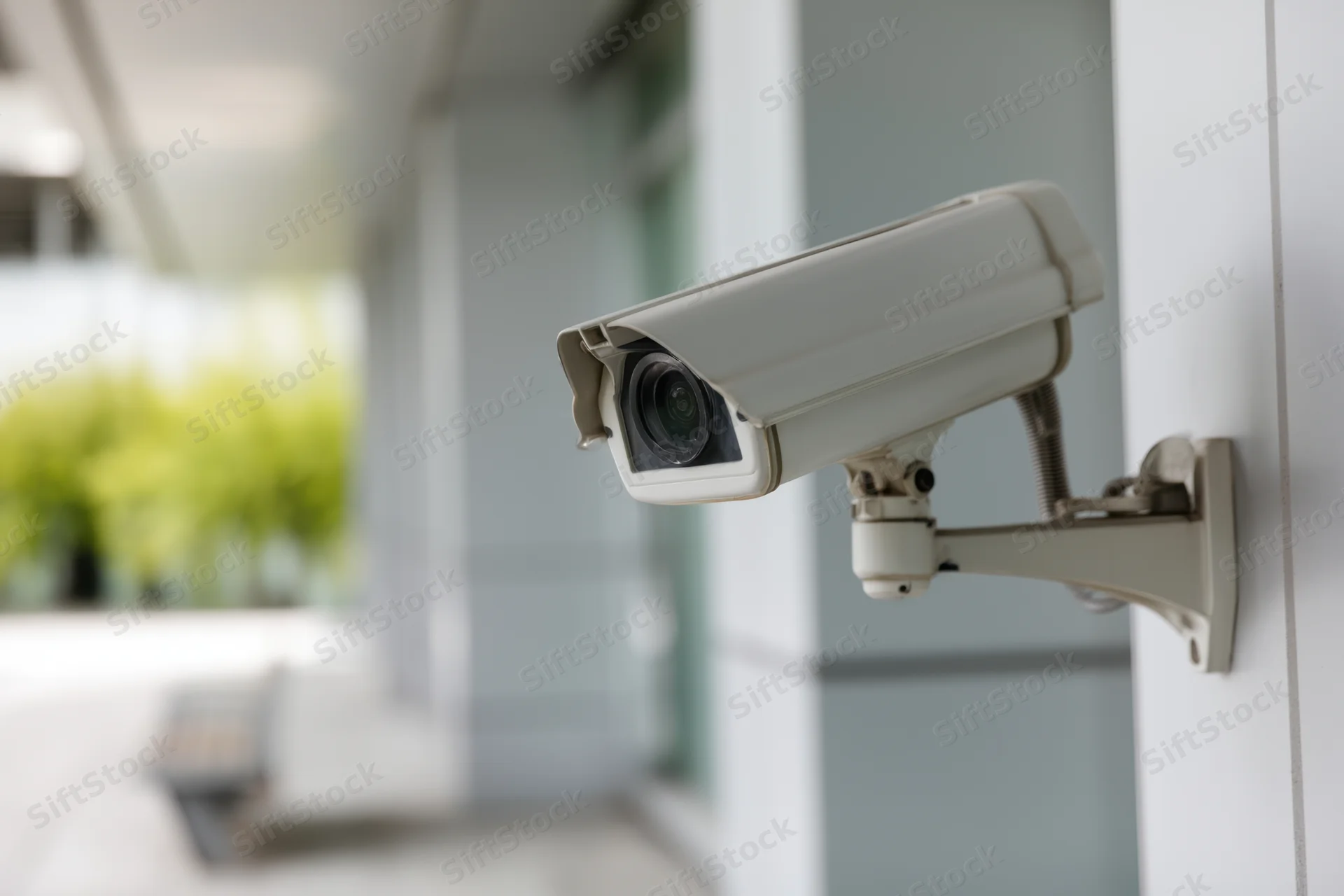 Security camera mounted on a white wall outside a building with greenery in the background