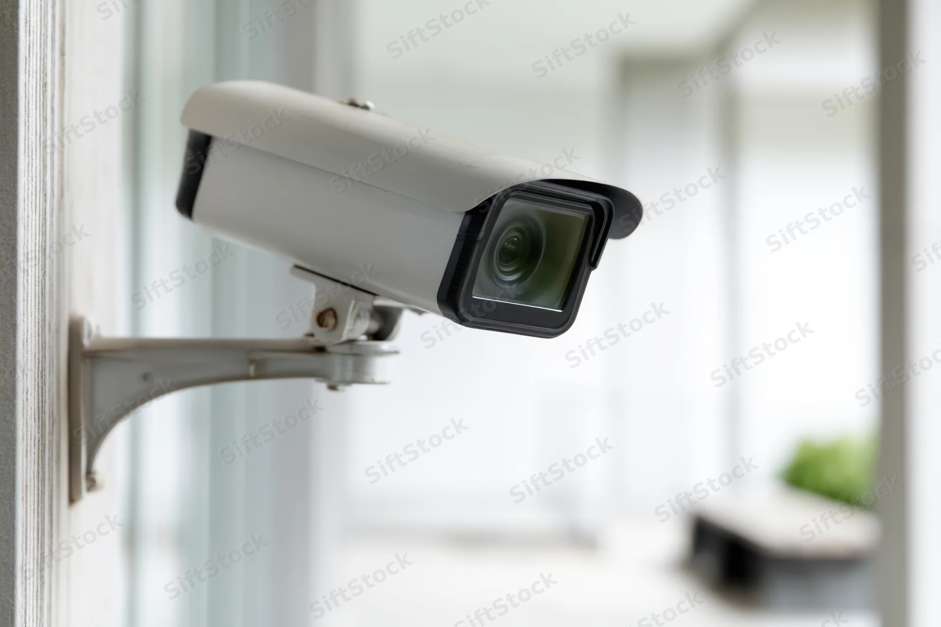 Security camera mounted on wall in office interior