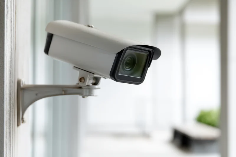 Security camera mounted on wall in office interior