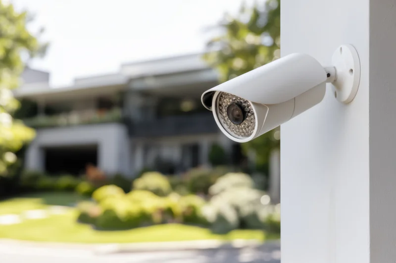 White security camera mounted on exterior wall overlooking modern house and garden