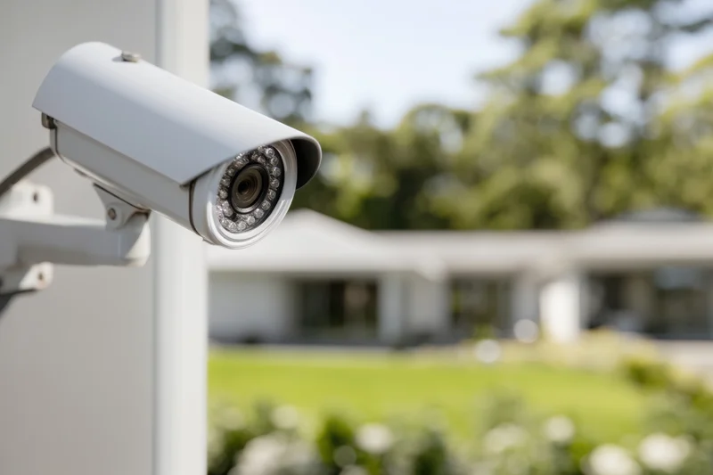 White security camera mounted on a wall overlooking a residential yard with greenery and a house in the background