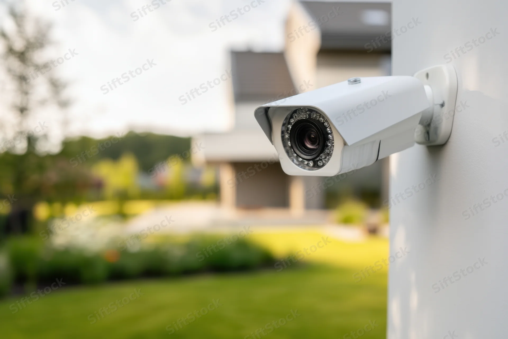 White security camera mounted on a wall overlooking a green garden and house exterior