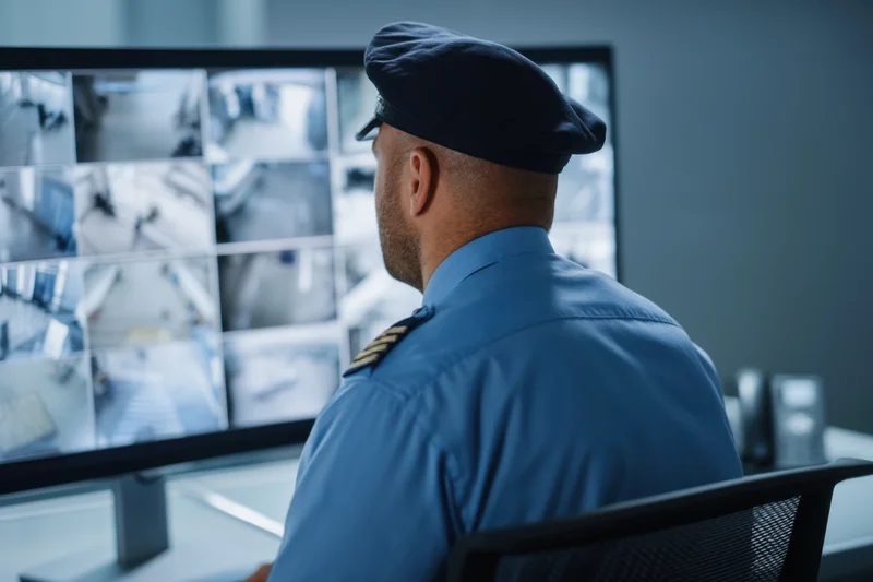 Security officer monitoring multiple camera feeds on large screen in control room