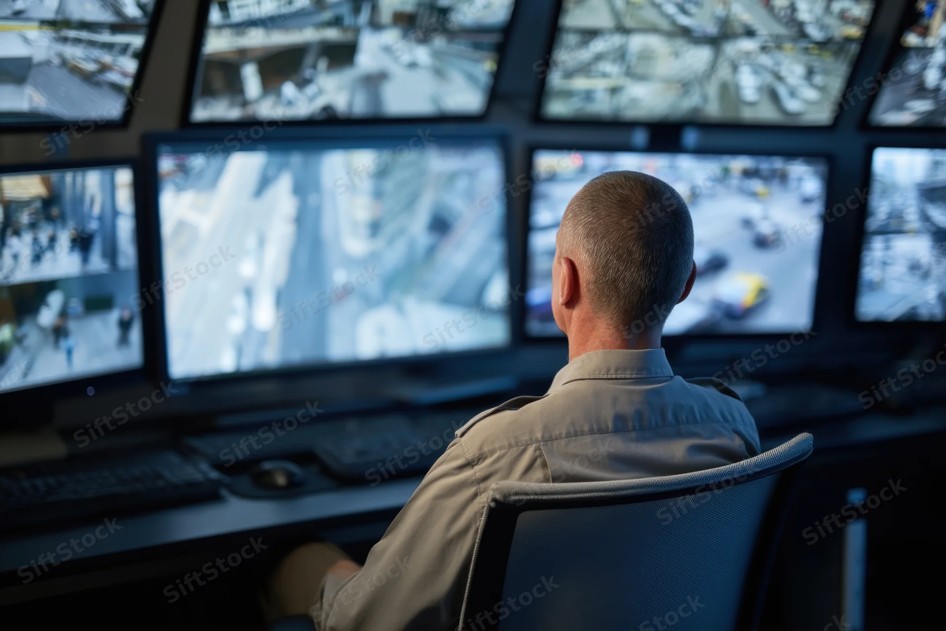 Security operator monitoring multiple video feeds in a control room