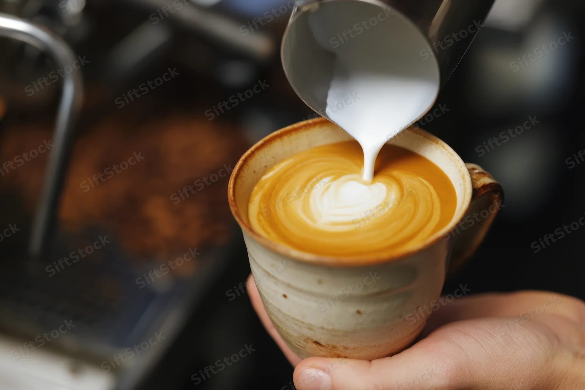 Barista pouring steamed milk into a ceramic cup to create latte art