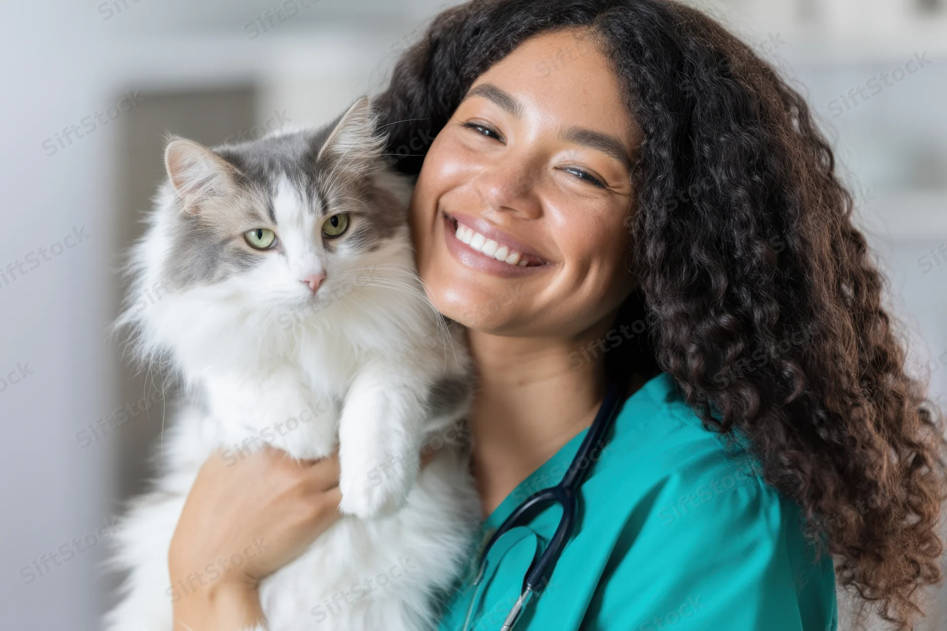 Smiling female veterinarian holding fluffy cat in clinic