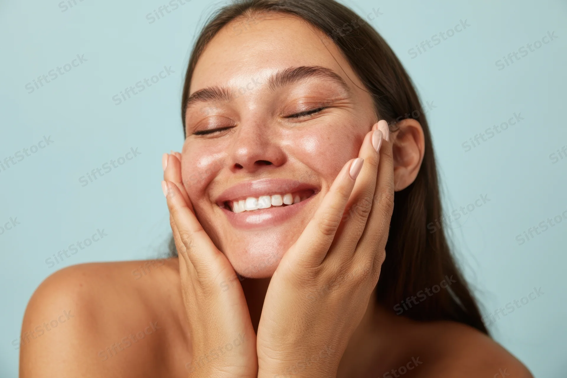 Smiling woman with closed eyes touching her face against blue background