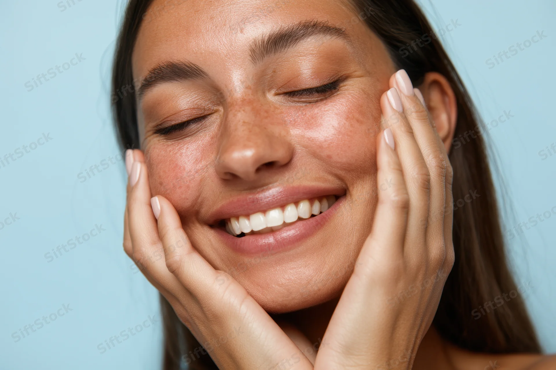 Smiling woman with closed eyes holding her face with hands against blue background