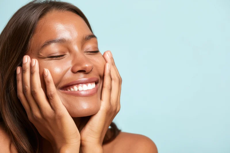 Smiling woman with closed eyes holding her face in hands against blue background