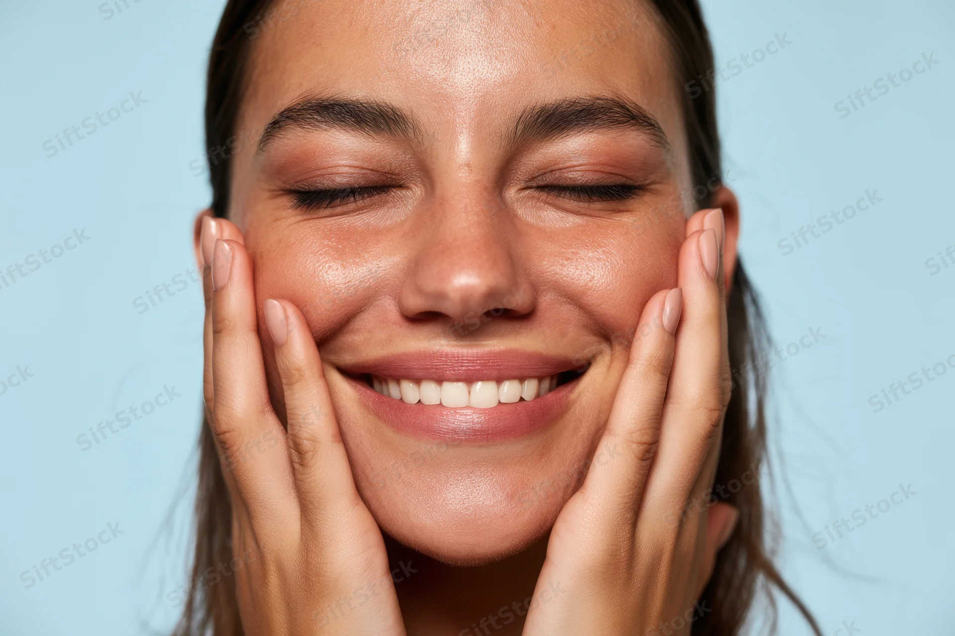 Smiling woman with hands on cheeks against blue background