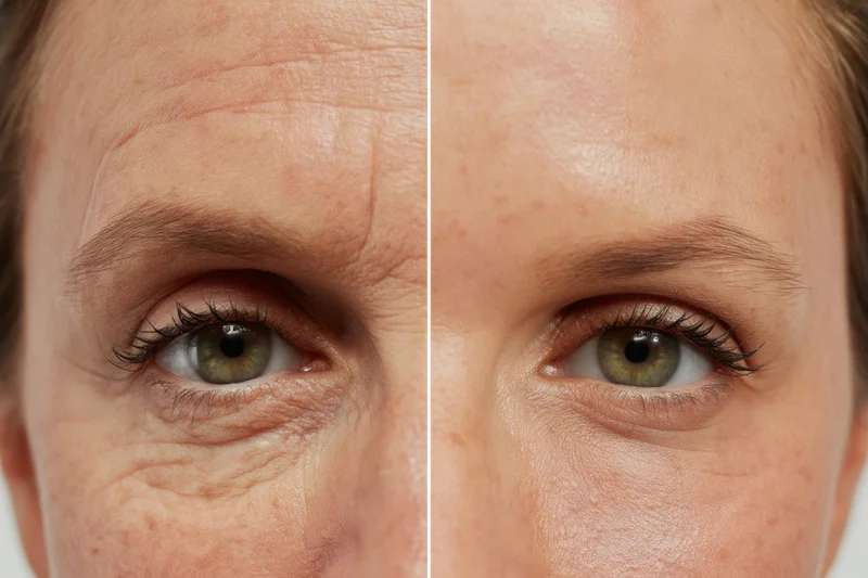 Split image of a woman’s eye area showing before and after skincare treatment results
