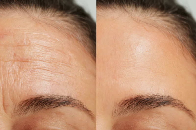 Split image of a woman's forehead showing skin texture before and after skincare treatment