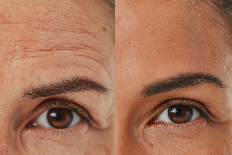 Split image showing before and after skincare treatment on woman's eye area with reduced wrinkles and improved skin texture