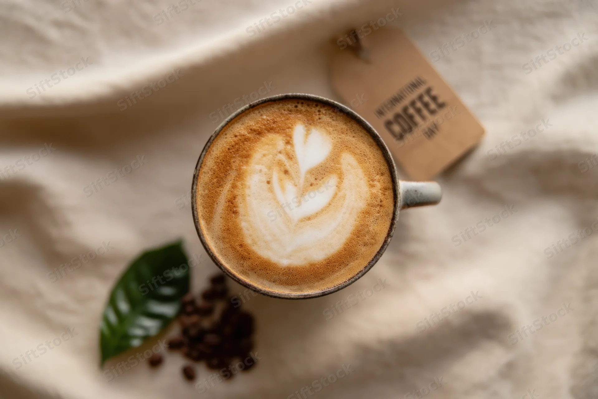 Steaming latte with heart and leaf latte art in ceramic mug on textured fabric with coffee beans and leaf nearby