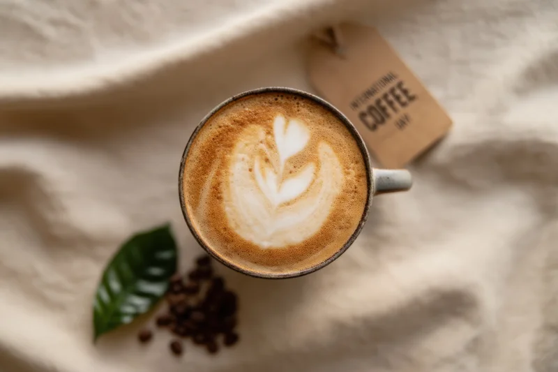 Steaming latte with heart and leaf latte art in ceramic mug on textured fabric with coffee beans and leaf nearby