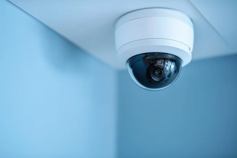 Dome surveillance camera mounted on ceiling in corner of room with blue walls