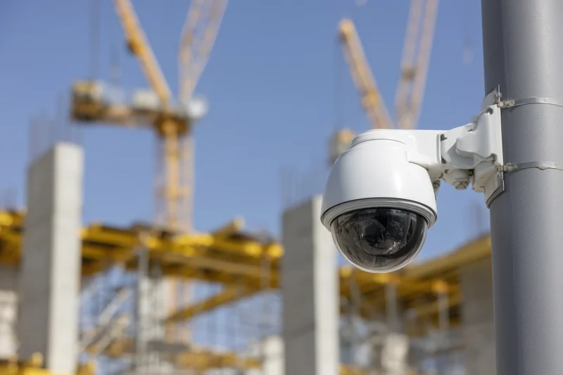 White dome surveillance camera mounted on gray pole at construction site with cranes and concrete pillars in background