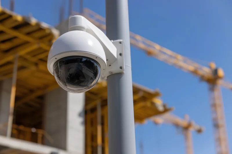 White dome surveillance camera mounted on gray pole at construction site with cranes and scaffolding in background