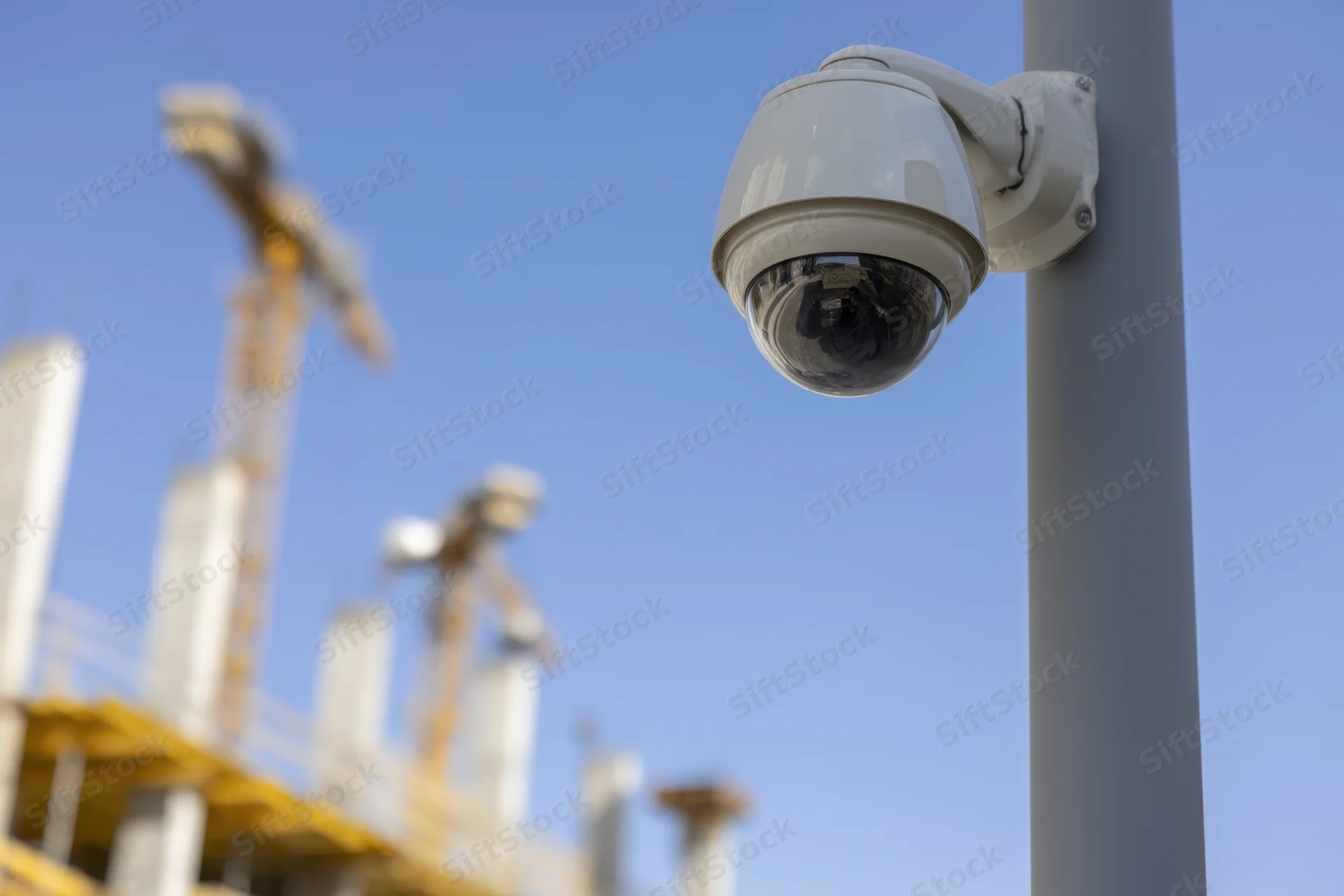 Surveillance camera mounted on a gray pole overlooking a construction site with cranes and buildings under development