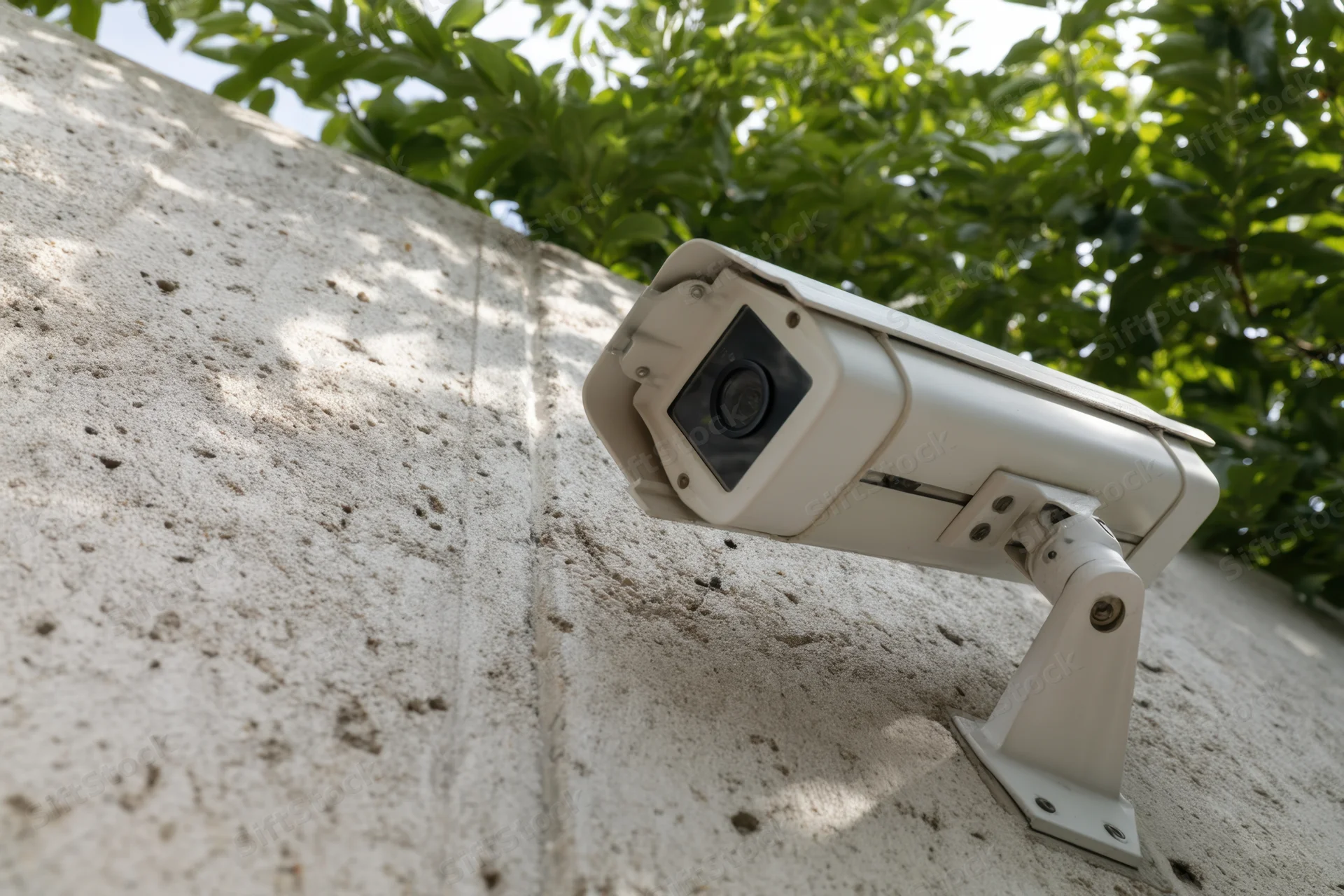 Surveillance camera mounted on textured concrete wall with green foliage in background