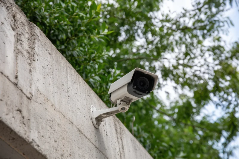 Surveillance camera mounted on textured concrete wall with green foliage in background
