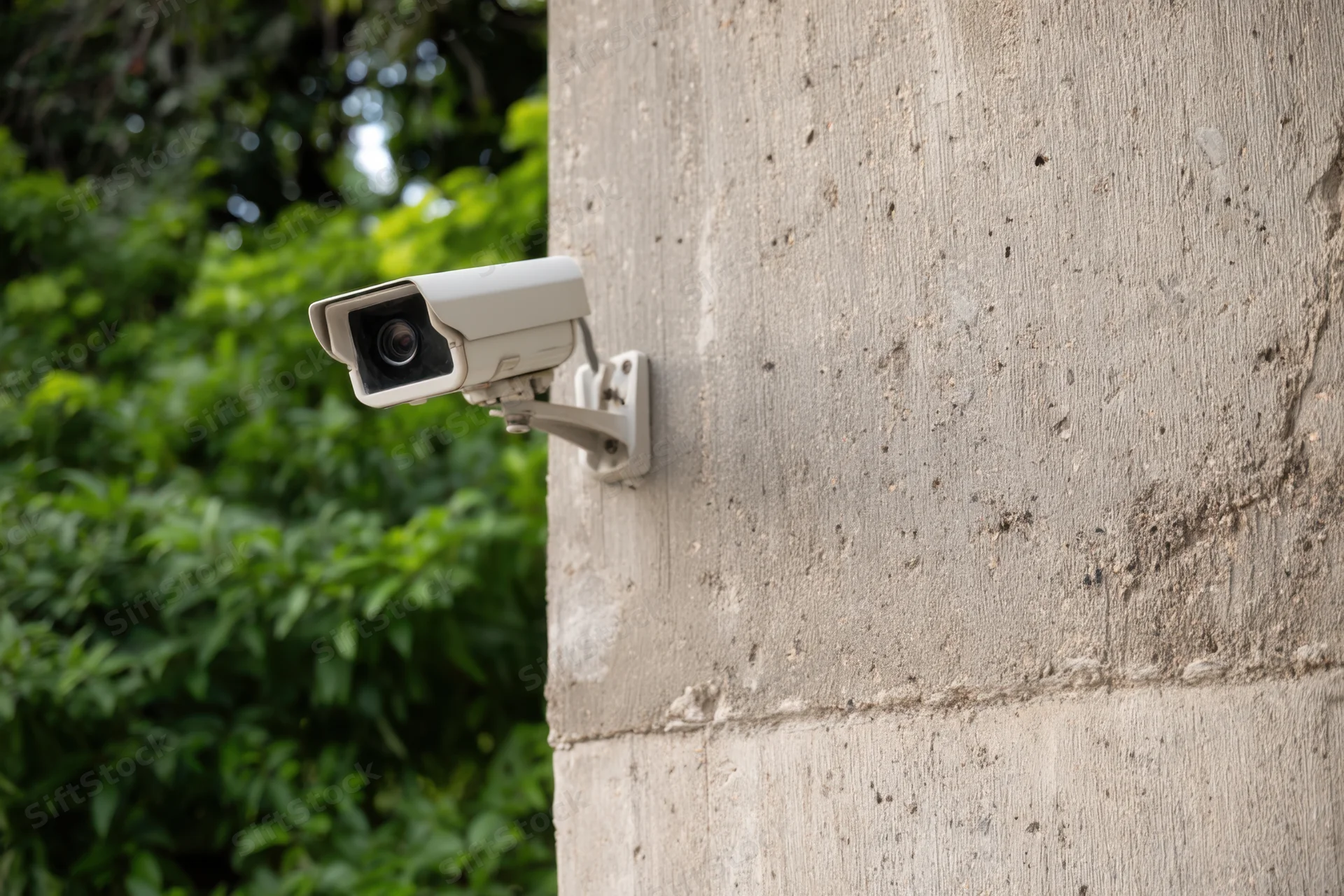Surveillance camera mounted on textured concrete wall with green foliage in background