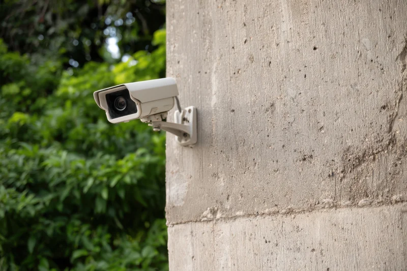 Surveillance camera mounted on textured concrete wall with green foliage in background