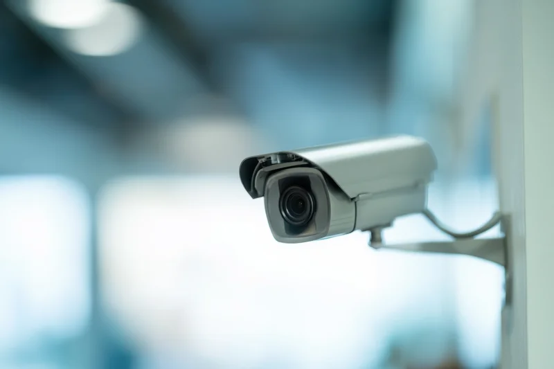 Surveillance camera mounted on a wall in an indoor office space with blurred background